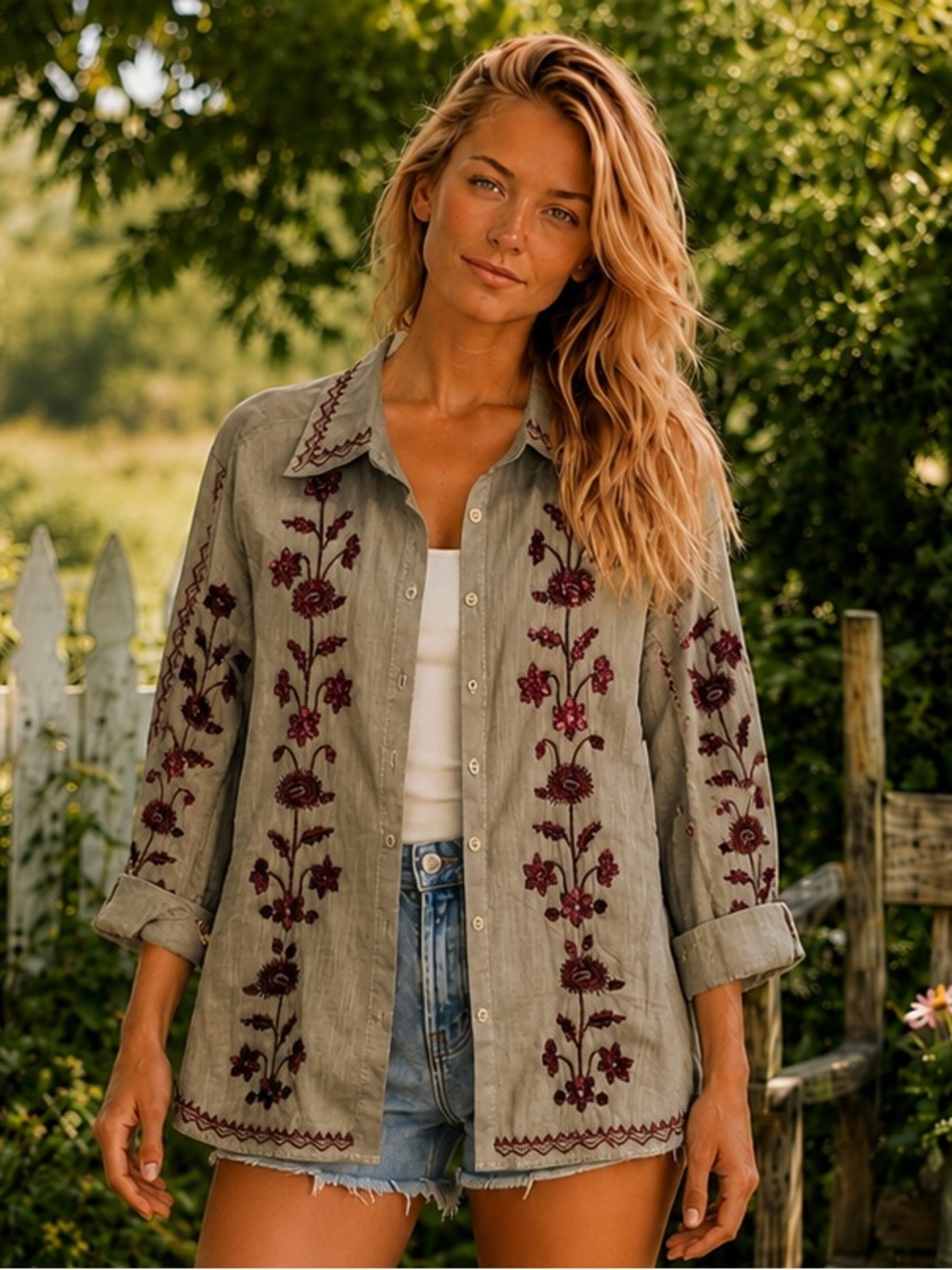 GALITA Embroidered Floral Button Down Shirt Pink Embellished Boho Medium NWT